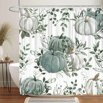 Fall Boho Pumpkin Shower Curtain, Rustic Autumn Maple Leaves Thanksgiving Harvest Decorative Farmhouse Shower Curtain, Fall Seasonal Teal Green Fabric Shower Curtain Bathroom Accessories with 70X70IN