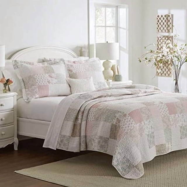 Laura Ashley Maison Celina Patchwork Ensemble de Courtepointe en Coton Rose, Très Grand Lit