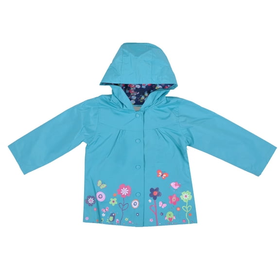 Richie House Little Girls Blue Button Closure Flowered Hooded Raincoat 1/2