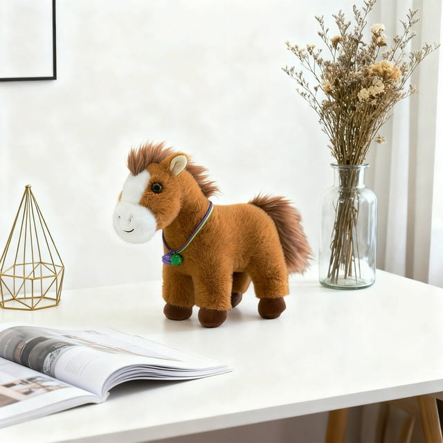 Oefntac Poupée Année du Cheval Simulation Peluche, Forme Réaliste Mignonne, Beige Brun Blanc, 23 Pouces de Hauteur, Remplissage Doux, Décoration Maison Canapé Ornement de Voiture
