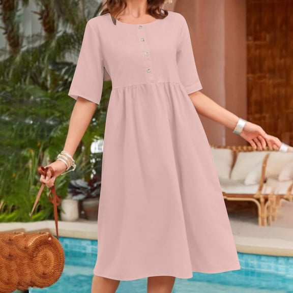 Aimik Fashion Women Round-Neck Short Sleeve Solid Color Plus Size Long Dress Summer Casual Loose Comfortable Knee-Length Dress