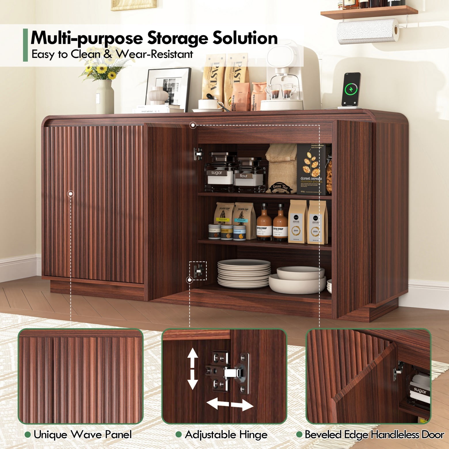59" Walnut Fluted TV Stand with Power Outlet, Modern Handleless Media Console with Adjustable Storage, Entertainment Center for Living Room, Walnut