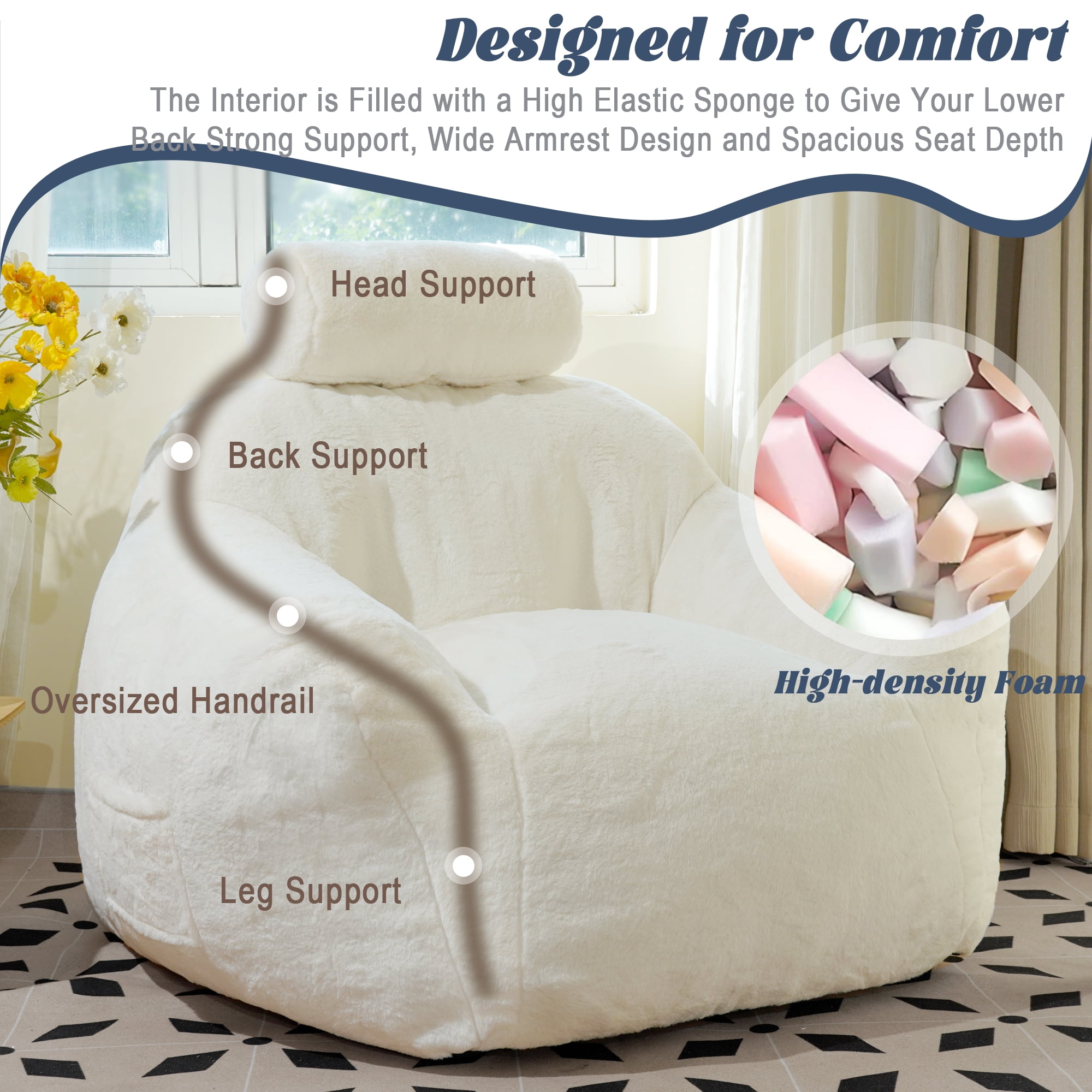 Oversized Foam Bean Bag Sofa Chair, Fluffy Bean Bag Chair with pillow for Adults, Lazy Floor Bean Bag Sofa Couch with Ergonomic Support, Plush Lazy Sofa with Beige Color.