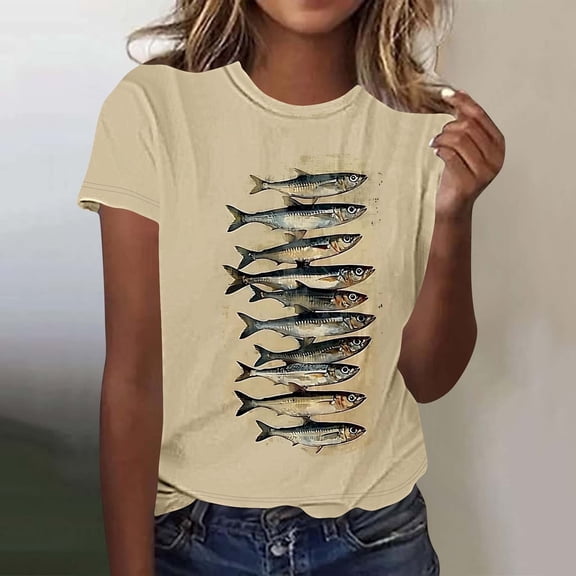 Sokhug Women's Fashion T-Shirts Funny Fish Graphic Crew Neck Tees Summer Casual Lightweight Breathable Athletic Tops