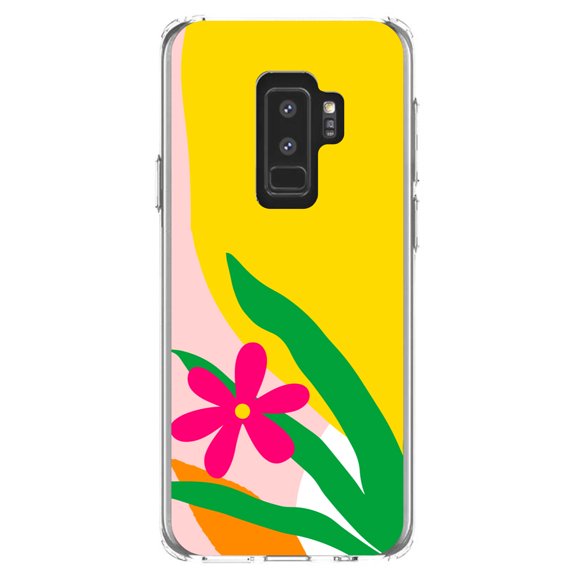 DistinctInk Clear Shockproof Hybrid Case for Samsung Galaxy S9  PLUS (6.2" Screen) - TPU Bumper, Acrylic Back, Tempered Glass Screen Protector - Summer Vibes Bold Flower Pink Green Yellow