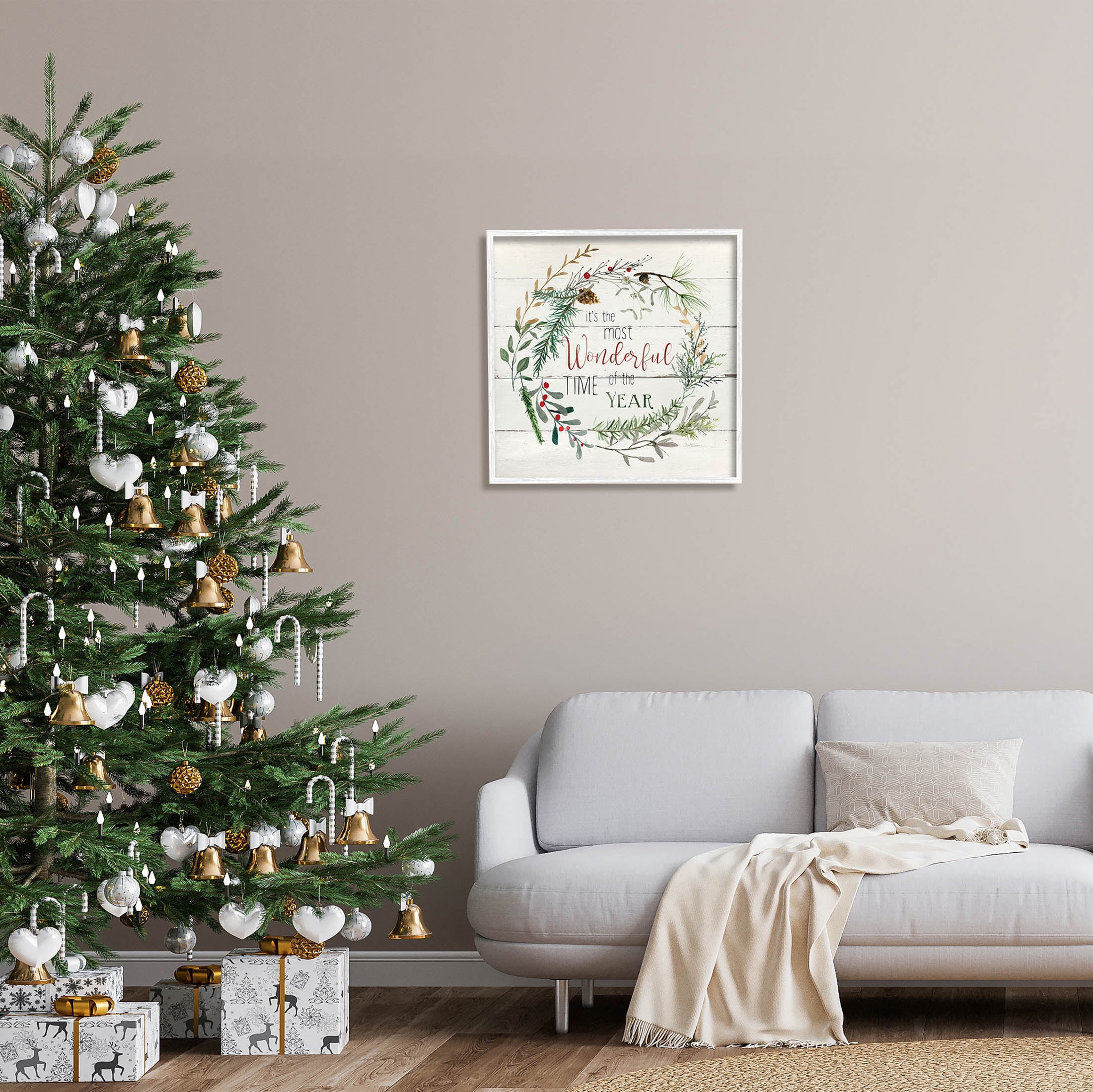 Stupell Industries Most Wonderful Time of Year Wreath Graphic Art White Framed Art Print Wall Art, Design by Carol Robinson