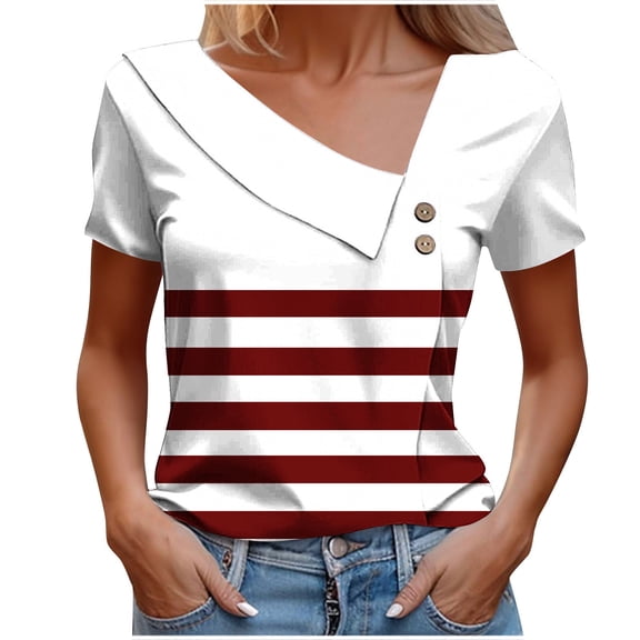 hotojiny Summer Tops for Women Fashion Striped Business Casual Blouses Asymmetry Neck Loose Fit T-Shirt with Buttons