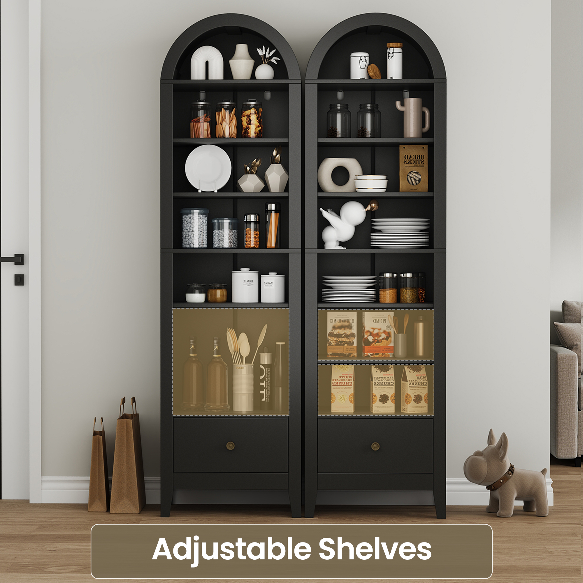 70" Arched Tall Kitchen Pantry Cabinet, 8-Tier Arched Storage Cabinet with Doors and Shelves, Shoe Cabinet for Entryway, Living Room, Hallway,Black