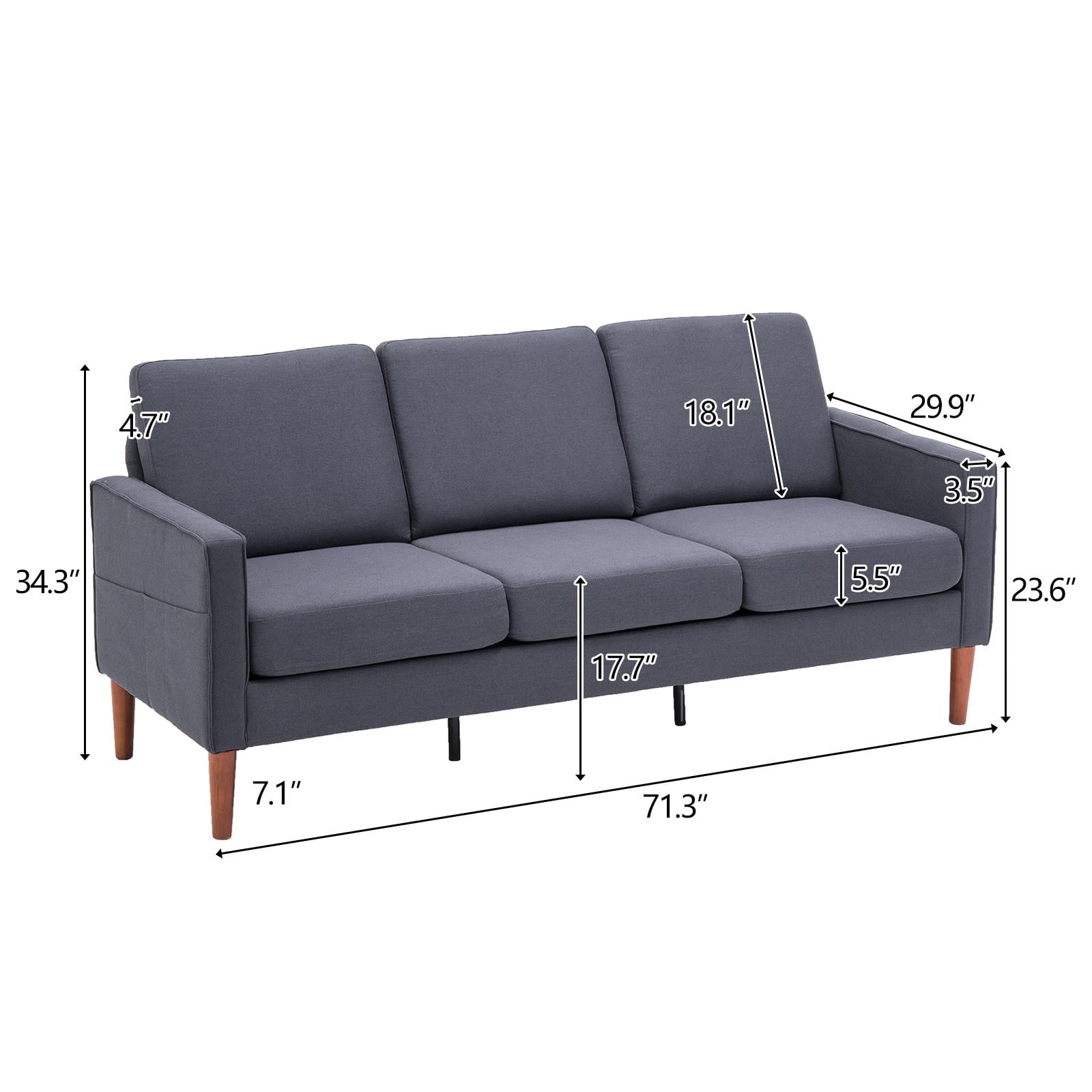 Ktaxon 3 Seat Couch Mid Century Fabric Sofa with Wood Legs, Comfortable Sofa Couch for Small Apartment Living Room Bedroom Dark Grey