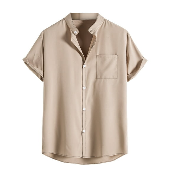 XMMSWDLA Men's Short Sleeve Shirt Regular Fit Button Down Collar Shirts with Pocket Beige Short Sleeve Shirts for Men