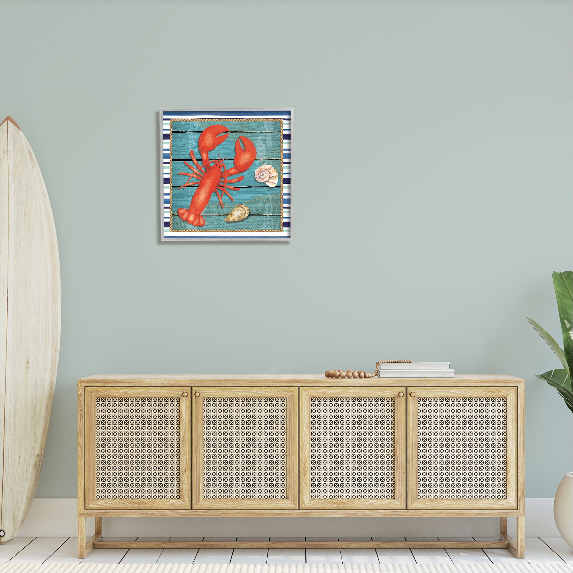 Stupell Lobster & Shells Coastal Stripes Landscape Painting Gray Framed Art Print Wall Art