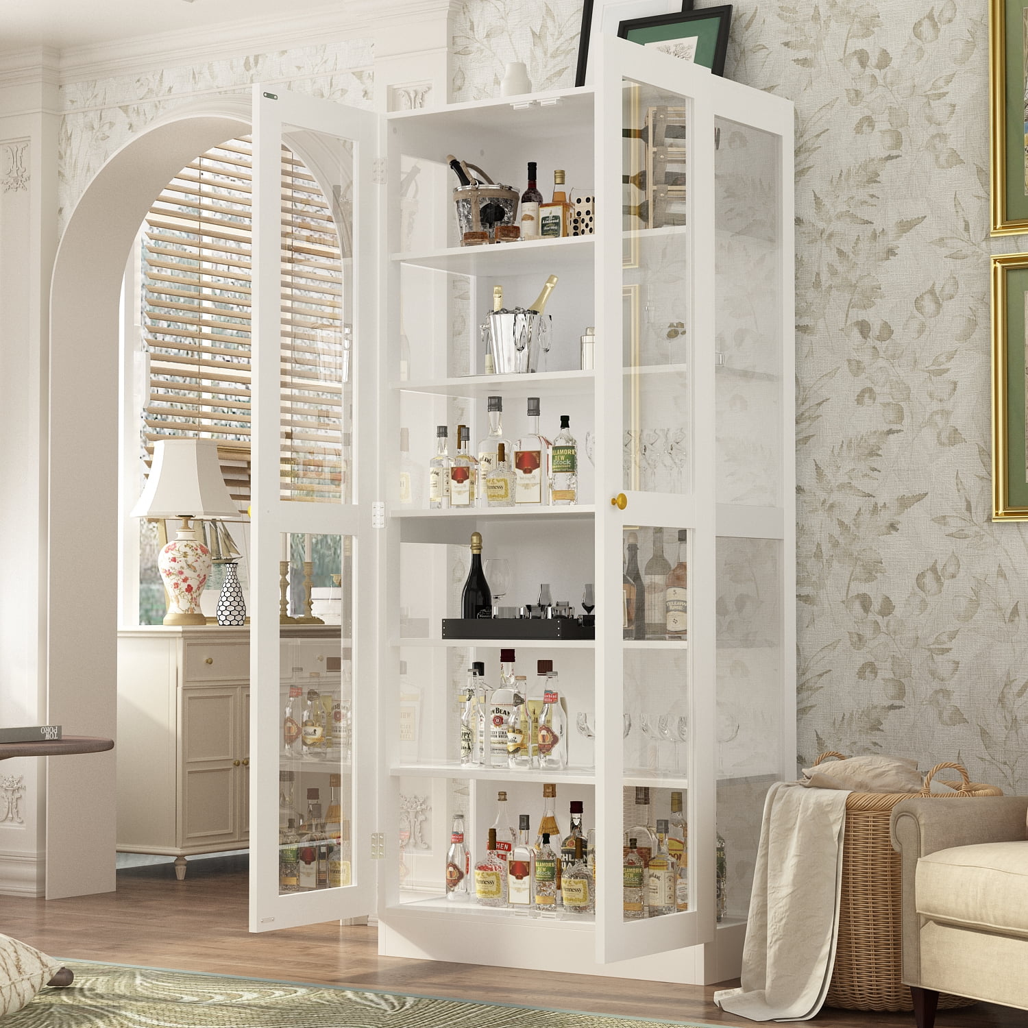 MONSLIPA Display Curio Cabinet with Tempered Glass Door, 6 Shelves - White