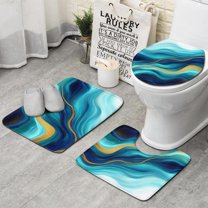 Blue and Gold Marble Shimmer Streaks Pattern Bathroom Rugs Sets 3 Piece,Toilet Cover Set,Absorbent Non Slip Bathroom Mats Sets with U-Shaped Contour Rug Toilet Rug Set
