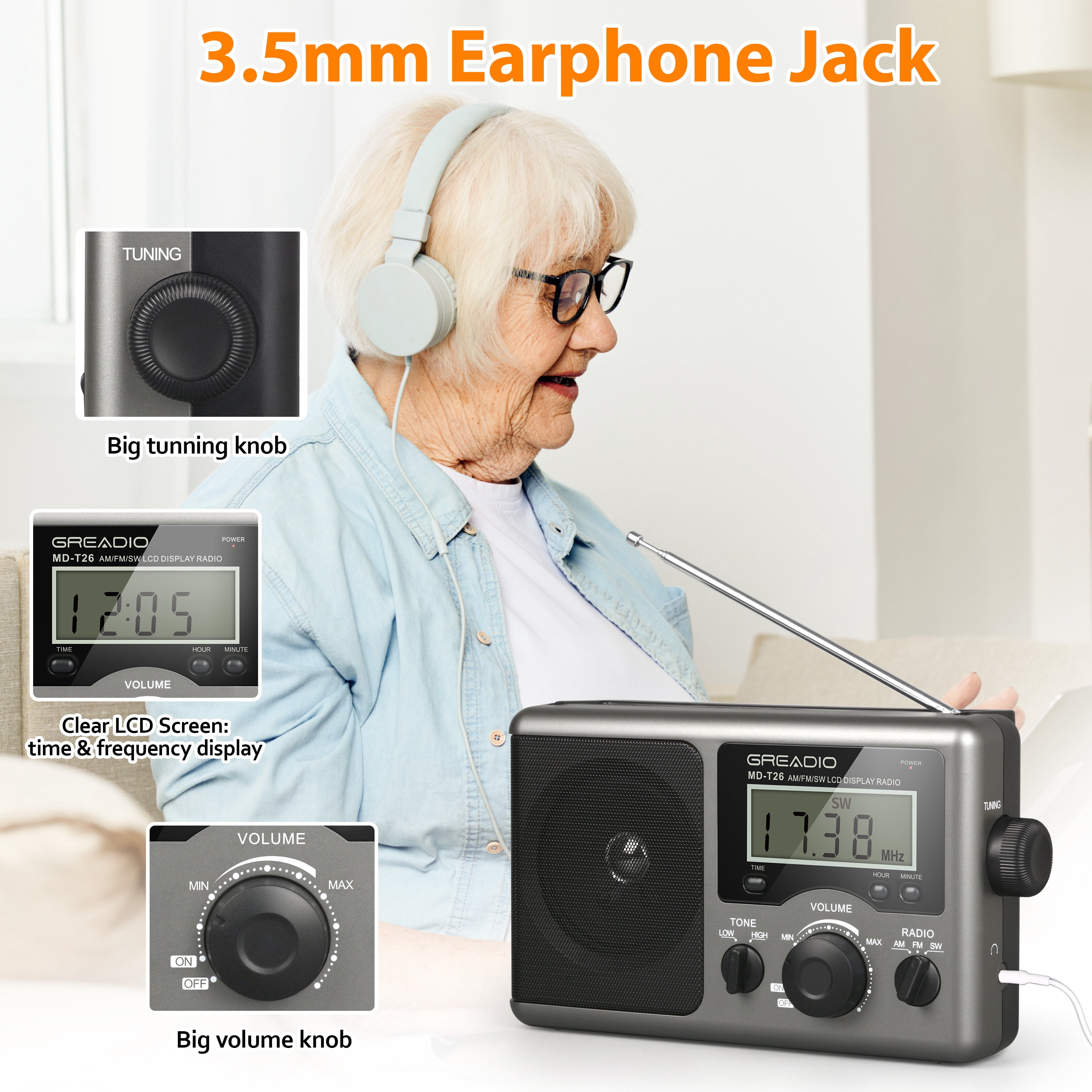 Jazmm Portable Shortwave Radio, AM FM Transistor,LCD Display,Time Setting,Battery Operated by 4 D Cell Batteries or AC Power, Big Speaker for Elder, Home
