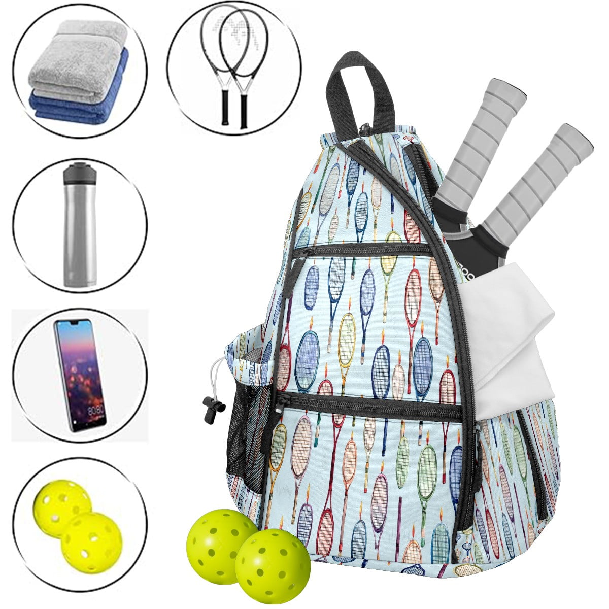 Pickleball Bag with Padded Back, Light Blue Tennis Rackets Multi-Compartment Paddle Backpack, Lightweight Nylon Sports Bag for Men & Women