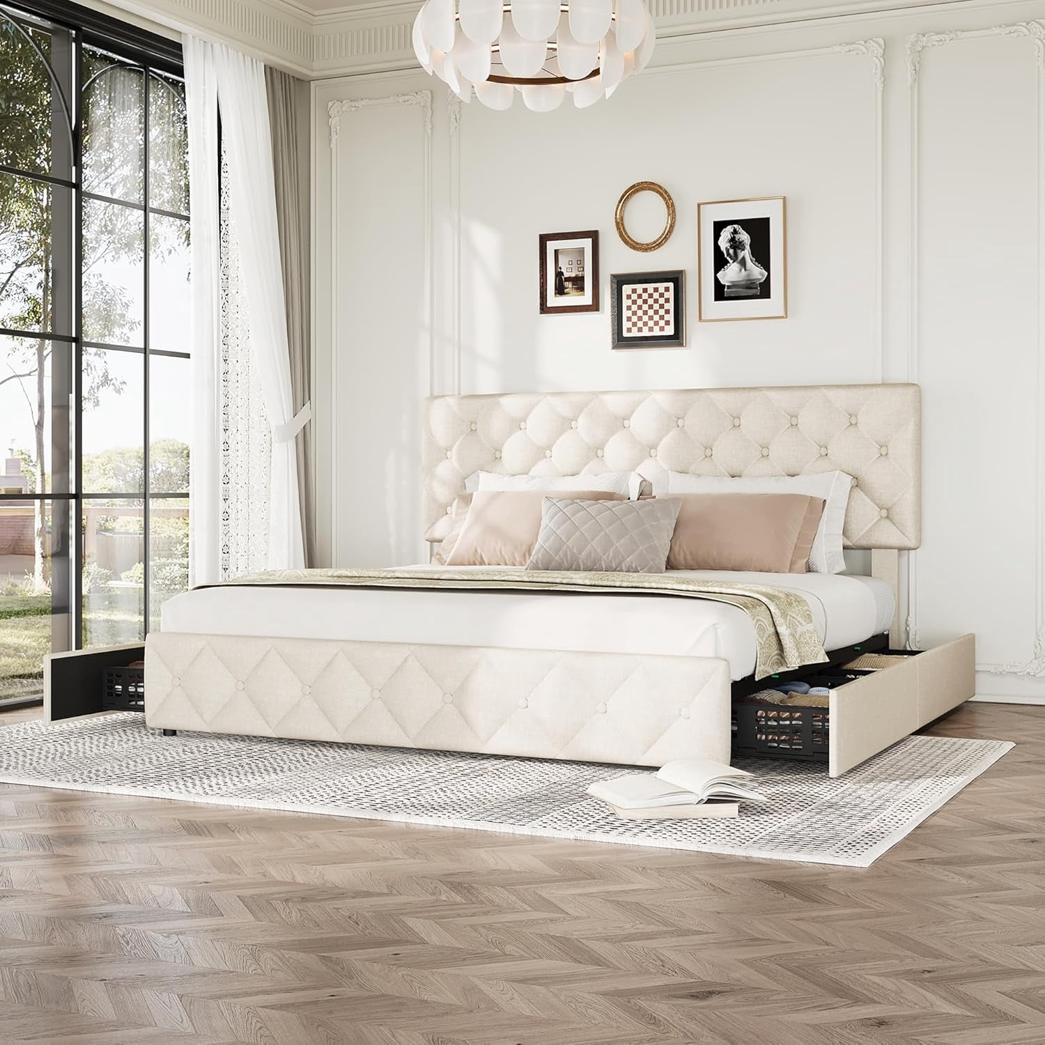 Queen Size Bed Frame with 4 Storage Drawers & Headboard, Linen Upholstered Platform Bed Frame, Stylish Diamond Tufted Design, No Box Spring Needed | Off - White