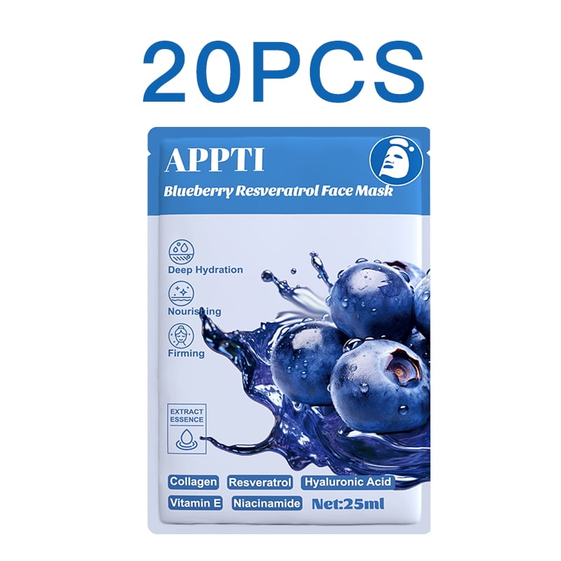 20PCS APPTI Blueberry Resveratrol Face Mask – Antioxidant & Revitalizing Treatment for Youthful Defense, Brightening Dull Skin & Enhancing Radiance with Berry Power.