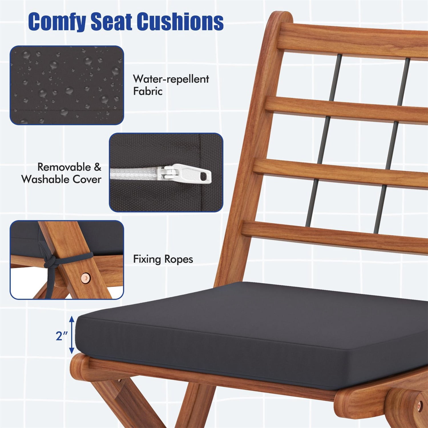 Hommoo 3 Pcs Acacia Wood Patio Bistro Set, Outdoor Folding Table and Chair Set with Gray Cushions