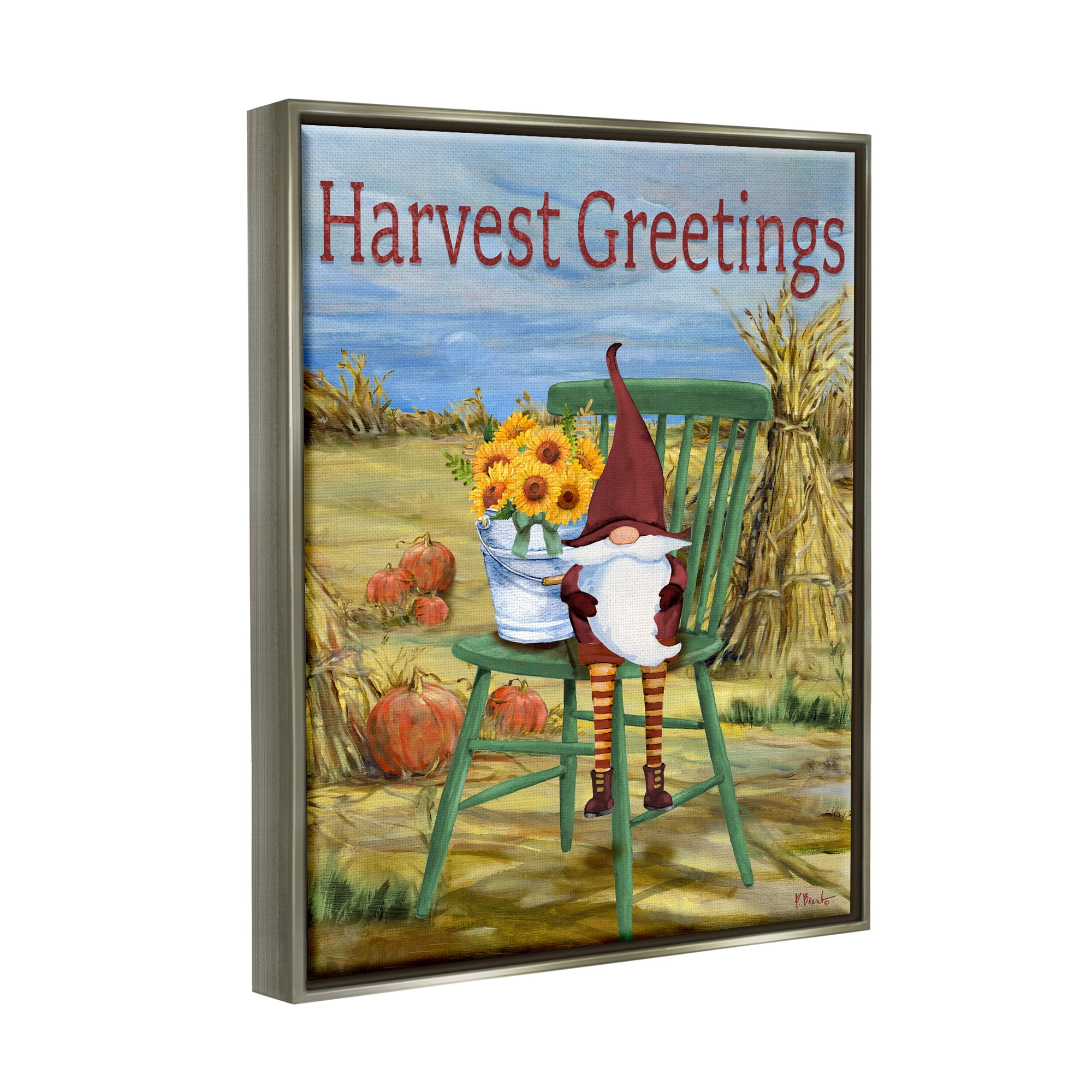 Stupell Industries Harvest Greetings Gnome Landscape Painting Gray Floater Framed Canvas Art Print Wall Art, 17 x 21