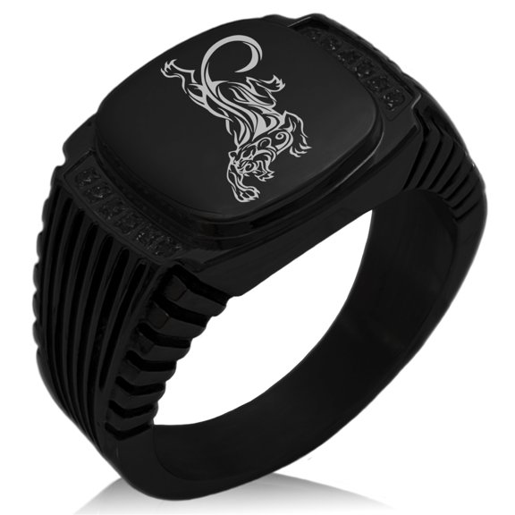 Stainless Steel Striking Tiger CZ Ribbed Needle Stripe Pattern Biker Style Polished Ring