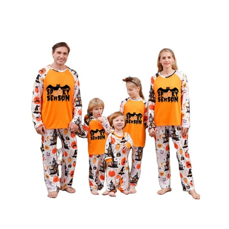 

Gwiyeopda Halloween Parent-Child Matching Pajamas Set Pumpkin Letter Print Tops and Pants Soft Holiday Clothes Sleepwear