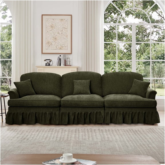 JERFIT 3-Seater Chenille Sofa with Removable Skirt, Mid-Century Flared Arm Sofa Couch for Living Room, Green