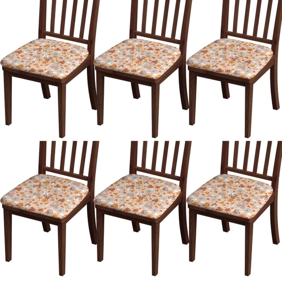 Brown Mushroom Flower Beige Pattern Seat Covers for Dining Room Chairs Set Of 4,Stretch Printed Washable Chair Seat Cover with Elastic Ties and Button,Removable Waterproof Couch Cushion Covers