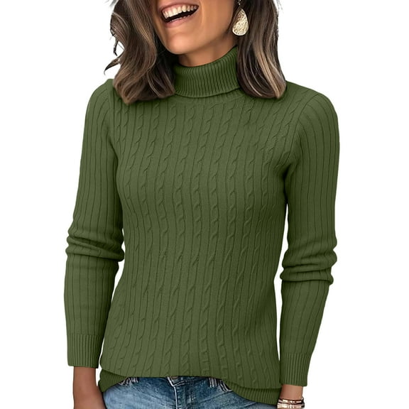 Textilo Womens Turtleneck Long Sleeve Sweater Fall Winter Trendy Chunky Knit Pullover Jumper Top Casual Comfy High Low Hem Sweater Army Green 07