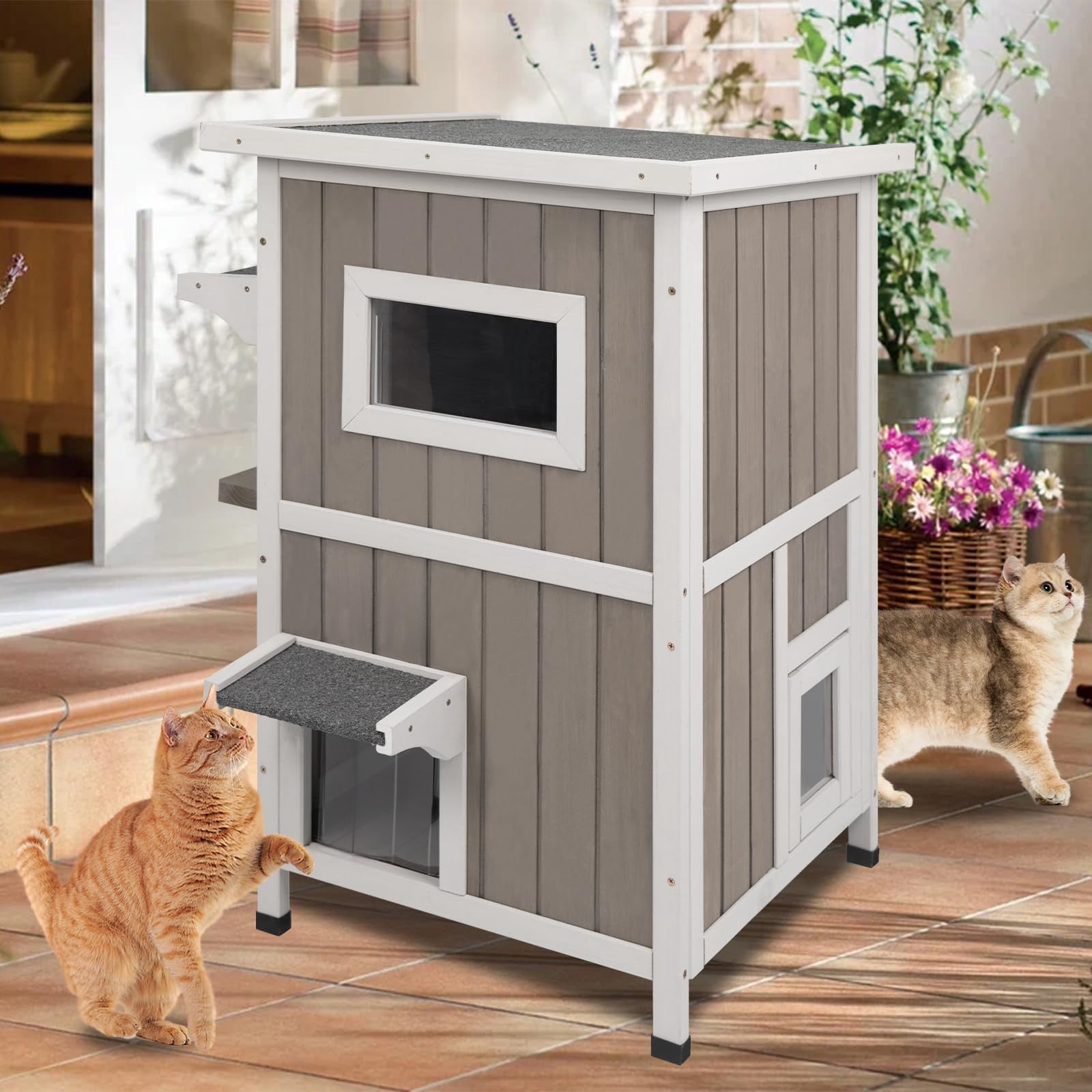 Gowoodhut Outdoor Cat House, 2-Story Feral Cat House with Escape Doors for Outside, Weatherproof