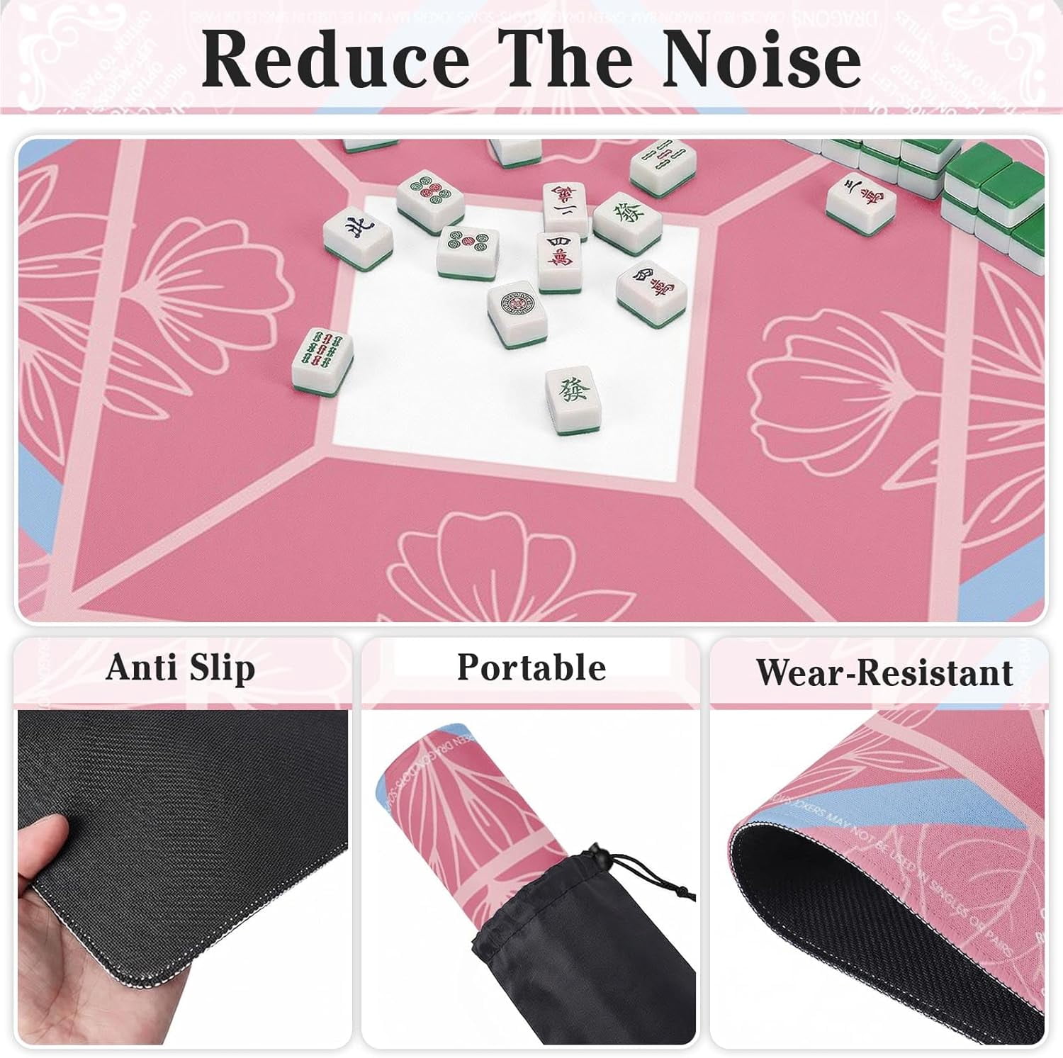 Mahjong Mat with Black Carrying Bag Pink Non-Slip Noise Reduction Gaming Mat 31.5" x 31.5" Rubber Multi Purpose Game Table Cover for Mahjong Card Dominoes Board Tile Games