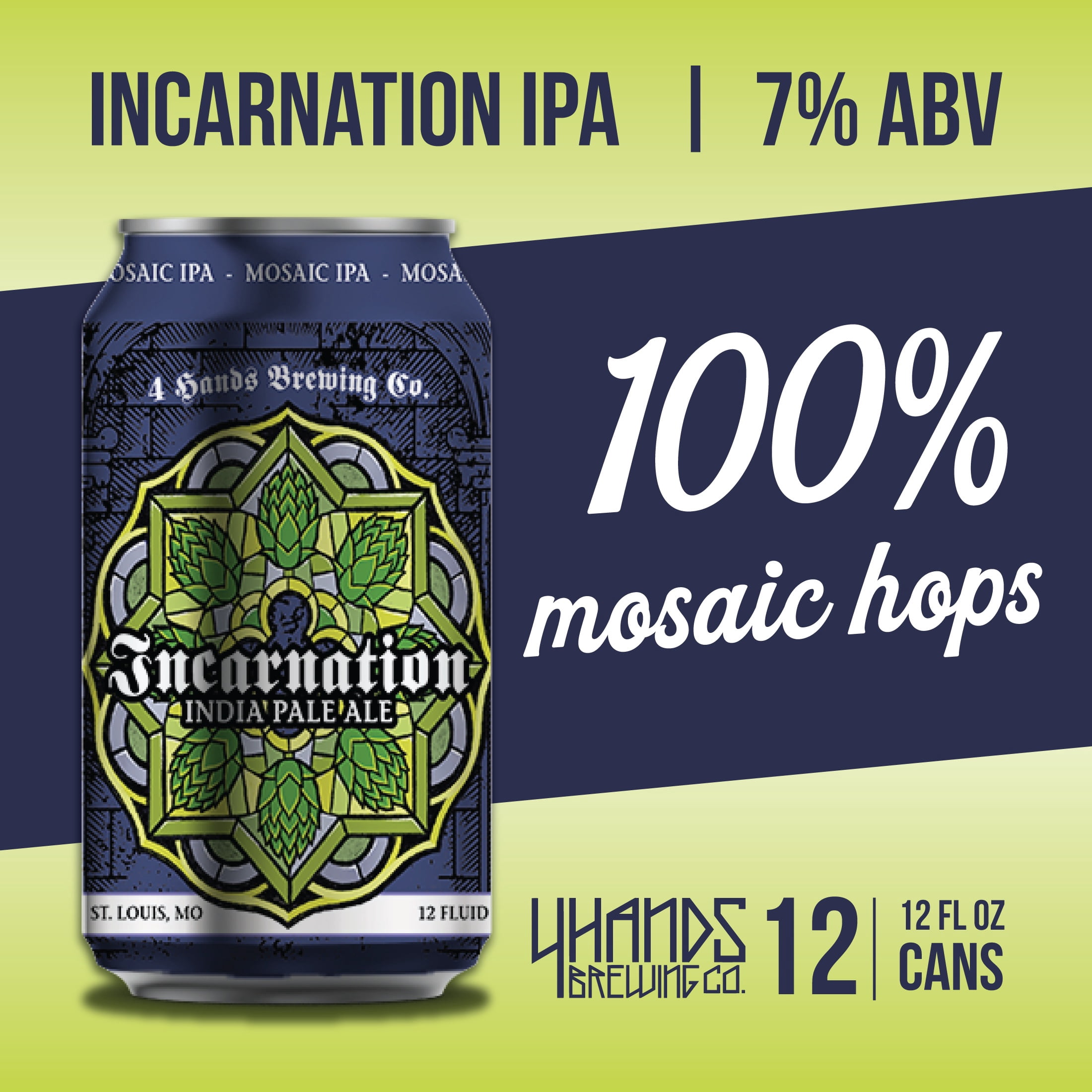 4 Hands Incarnation IPA Craft Beer, 12 Pack, 12 fl oz Aluminum Cans, 7.0% ABV