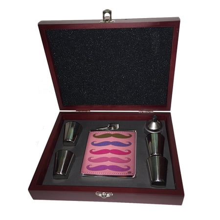 KuzmarK Pink Leather Flask Set in Rose Wood Gift Box - Colorful Sparkle Mustache