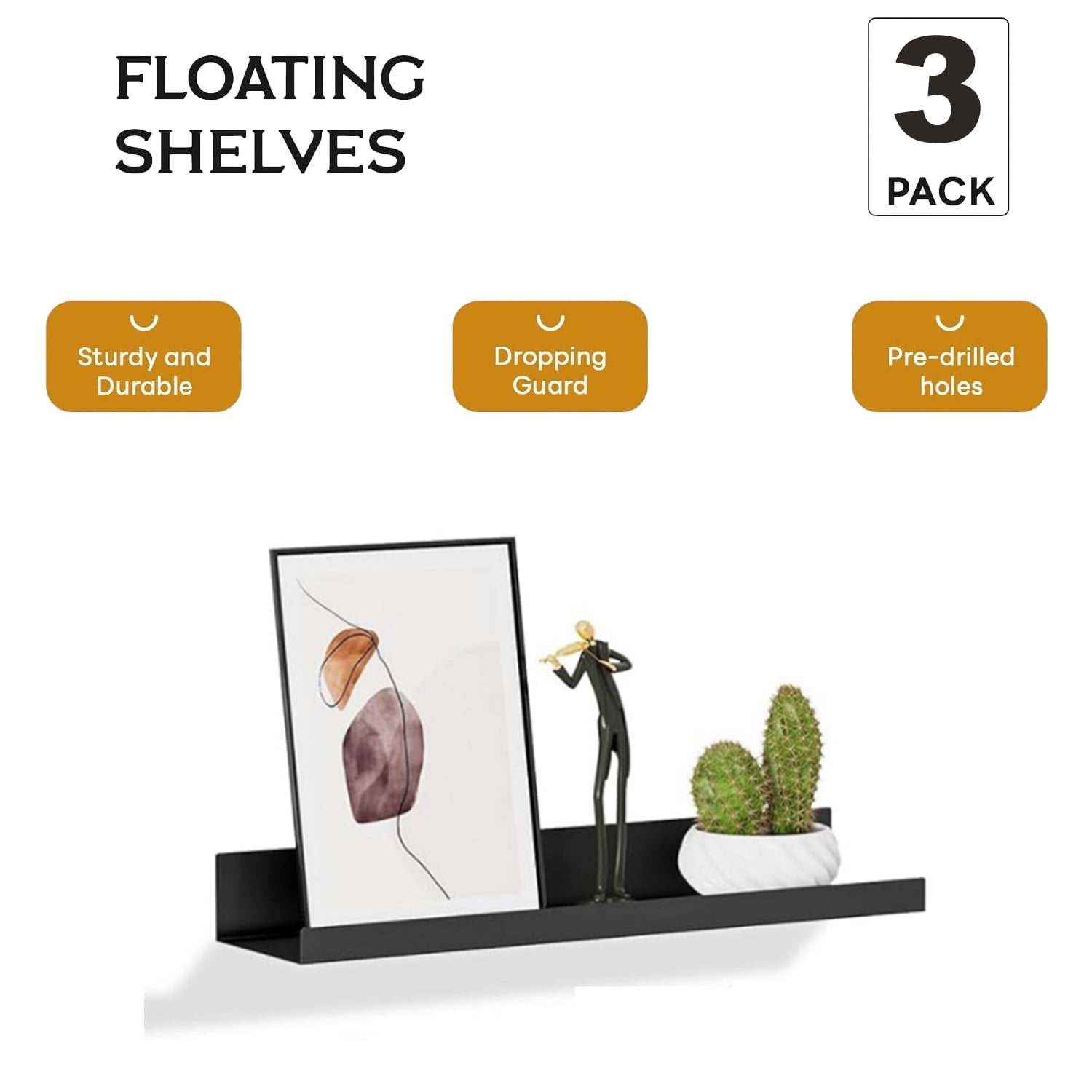 15" Floating Shelves Wall-Mounted Set of 3 Modern Black Display Picture Ledge Shelf for Decor & Storage for Livingroom Kitchen Bedroom Bathroom W/Lip