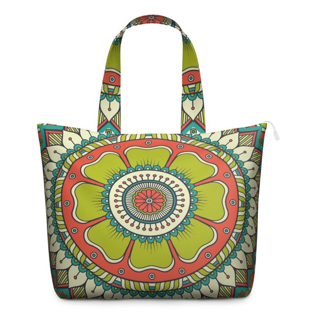 Zen Mala Art Duffel Abstract Trippy Meditation Tote with Healing Ornament Pattern, Psychedelic Relaxation Inspired Weekender