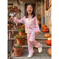 thumbnail image 6 of RUINIXCW Toddler Baby Girl Halloween Silk Stain Pajamas Set Kids Fall Winter PJS Set Sleepwear Ghost Bow Print Fuzzy Cuffs Long Sleeve Button Down Shirt and Pants Set Loungewear Homewear 1-7Years, 6 of 9