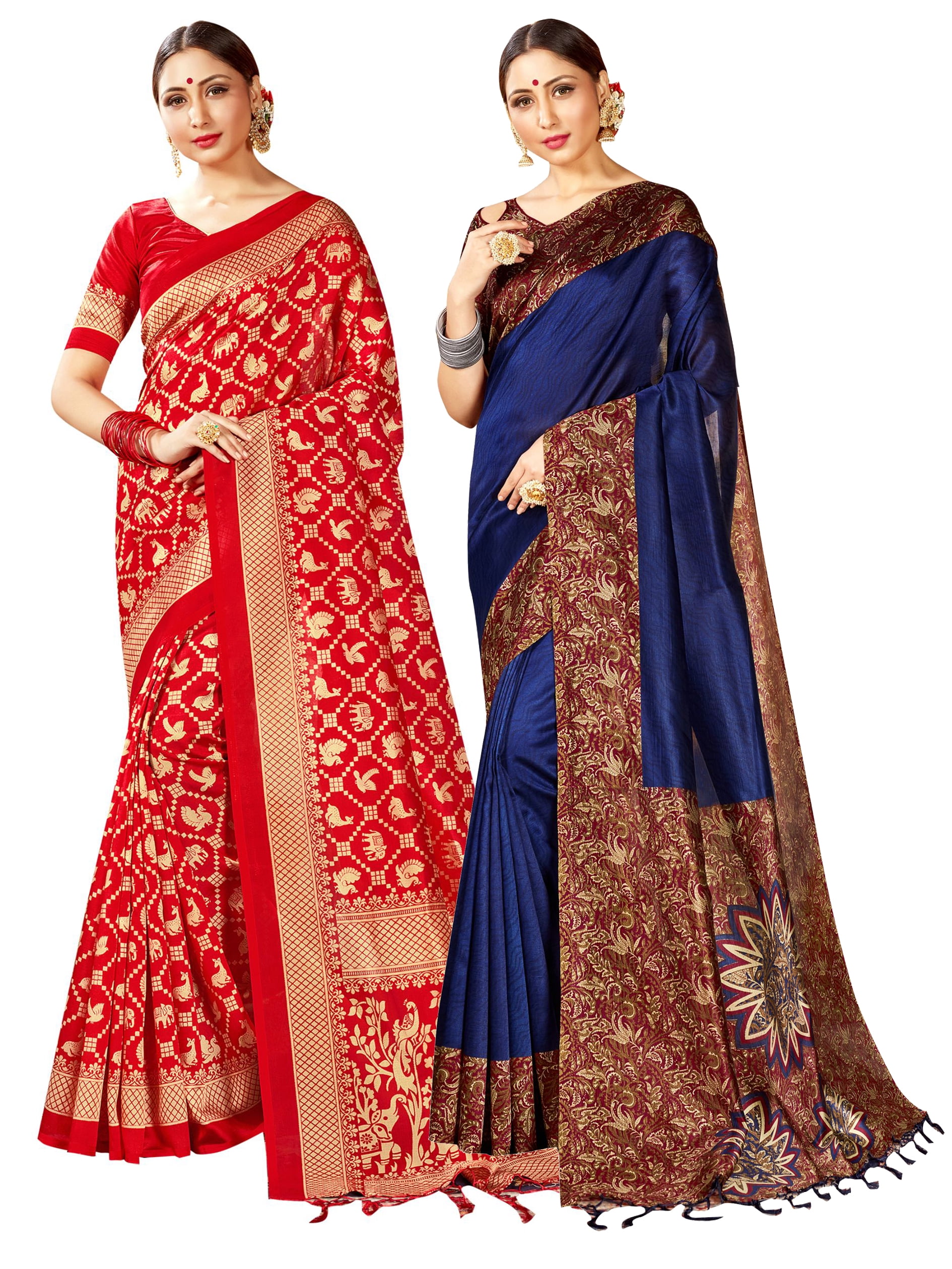 Pack of Two Sarees for Women Mysore Art Silk Printed Indian Wedding Saree | Diwali Gift Sari Combo