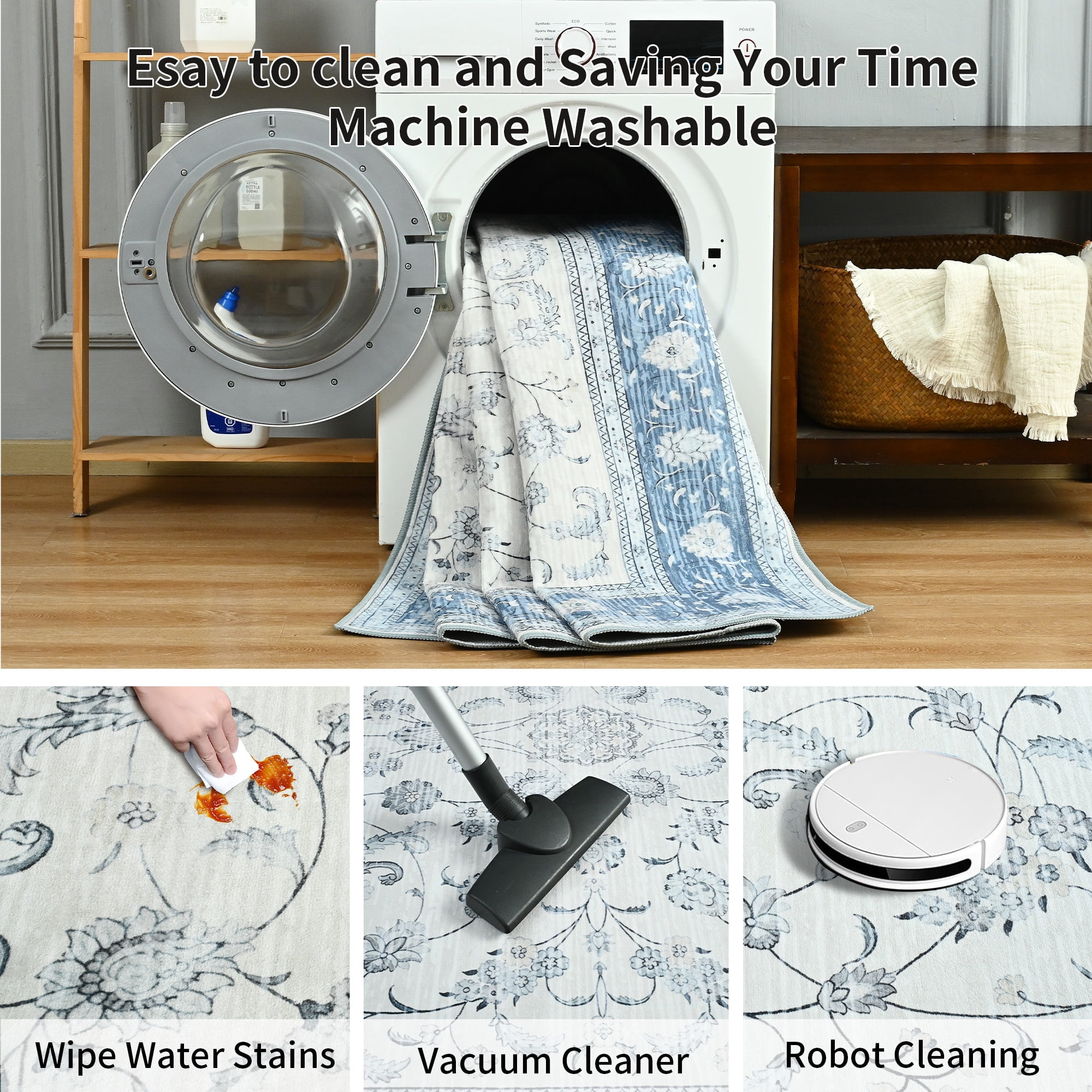 Astorug 5x8 Ft Light Blue Floral Area Rug - Machine Washable Low Pile Non-Slip Carpet, Boho Vintage Farmhouse Decor for Living Room, Bedroom, Nursery & Office