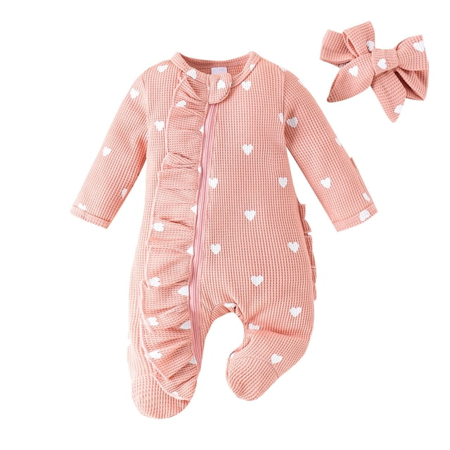 3-6 Months Heart Print Zippered Long-Sleeved Romper