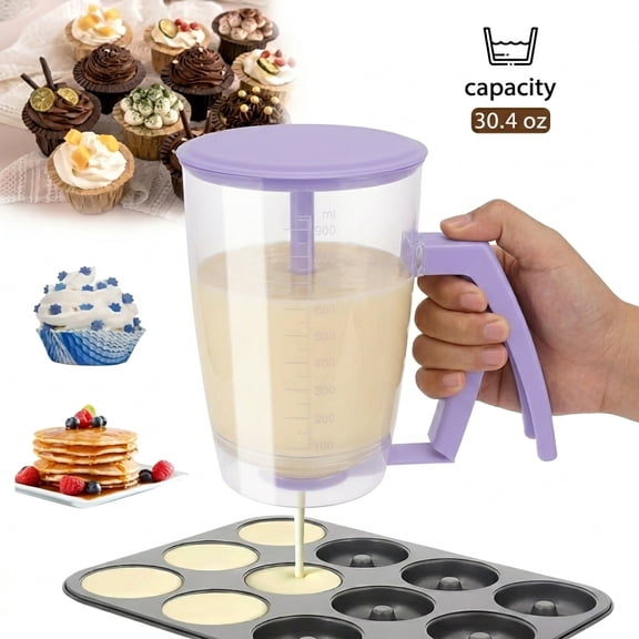 Xiyztok 4-Cup Pancake Batter Dispenser, Drip-Free Mix Pourer with Squeeze Handle and Measuring for Waffles, Crepes & Cupcakes
