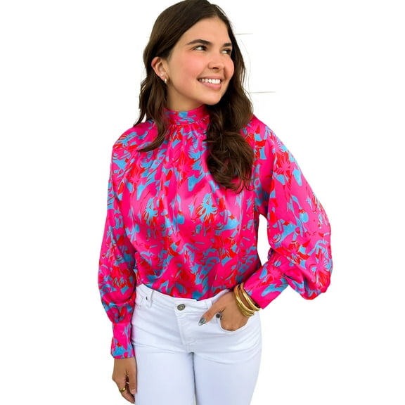 Women's Purple Printed Bubble Sleeve Mock Neck Blouse - Cozy and Chic | [ZhiHiMeRi] | (US 12-14)L