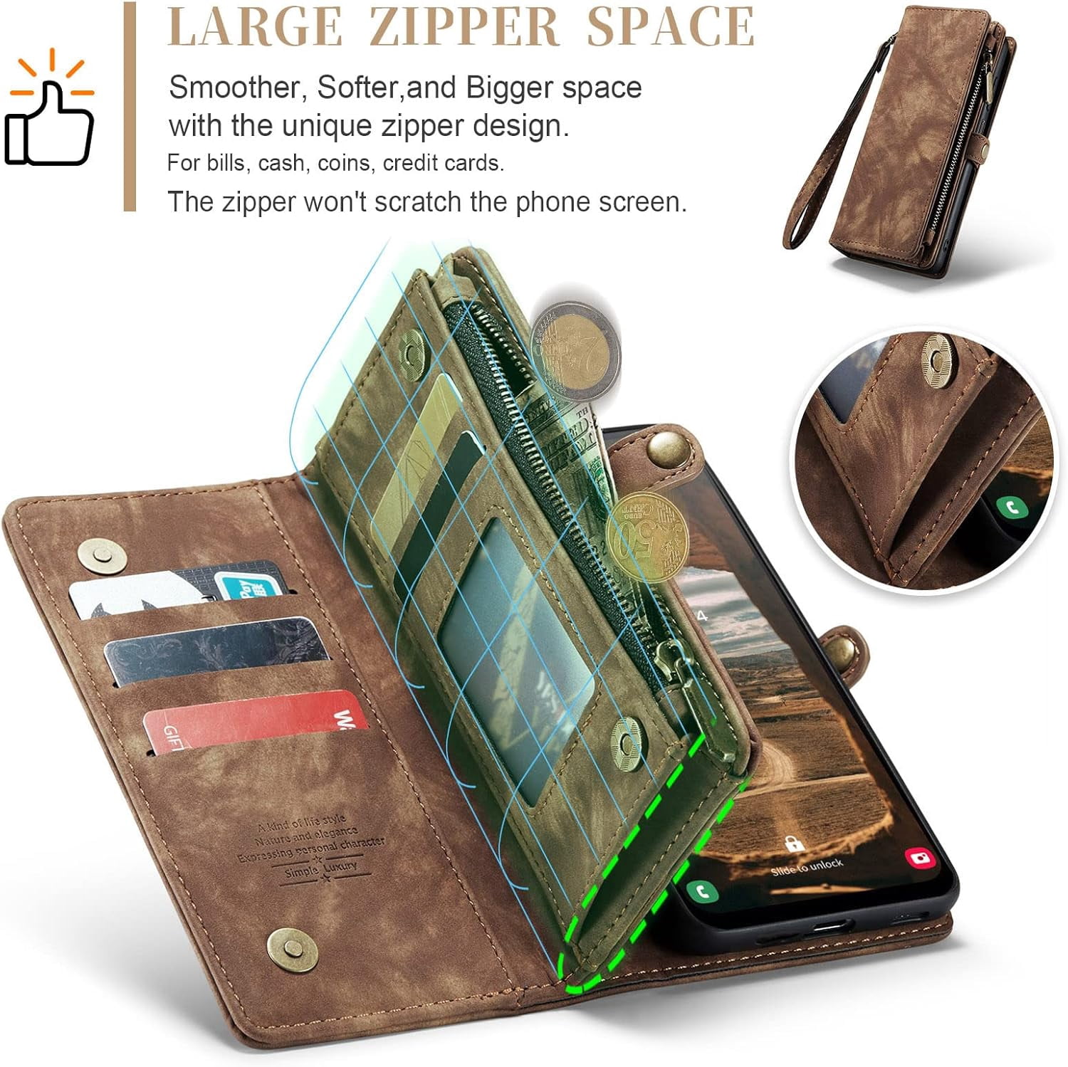 Phone Case for Samsung Galaxy A14 5G Zipper Wallet Detachable Cover with Tempered Glass Screen Protector and Leather Flip Credit Card Holder TPU Cell Accessories A 14 4G 14A G5 Women Men Brown