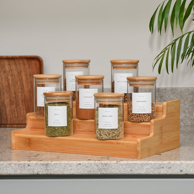 Set of glass spice jars (7 pcs) with bamboo stand
