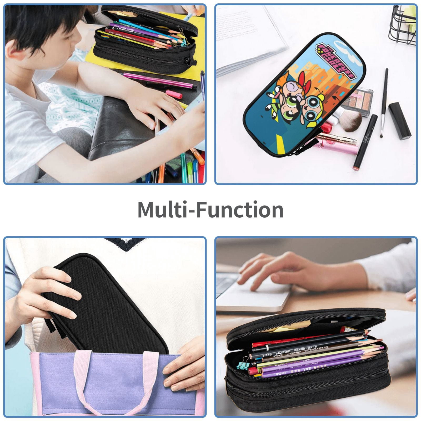 The Powerpuff Gi-rls Pencil Case Large Capacity Pencil Pouch Penbag Office Stationery Organizer Travel Makeup Bag Black