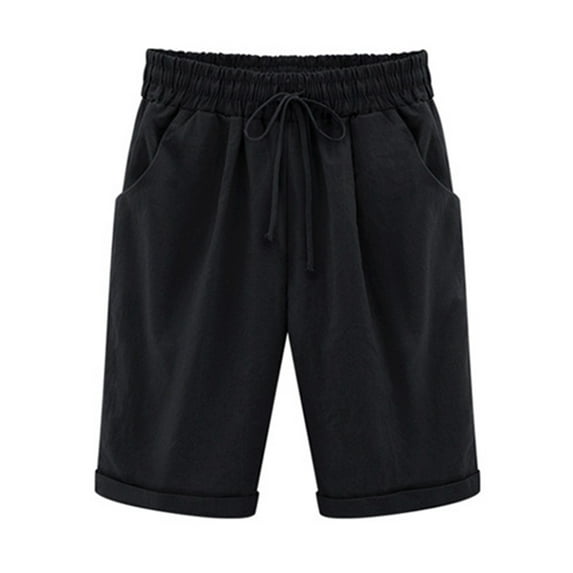 Frontwalk Ladies Harem Pants Solid Color Bermuda Shorts Straight Leg Short Beach Lounge Bottoms High Waist Trousers Black L