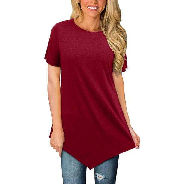 Gibobby Casual Playera de Manga Corta para Mujer Mujeres Casual manga corta Tops cuello redondo verano suelto Irregular dobladillo Tops camisas Tops(Vino,G)