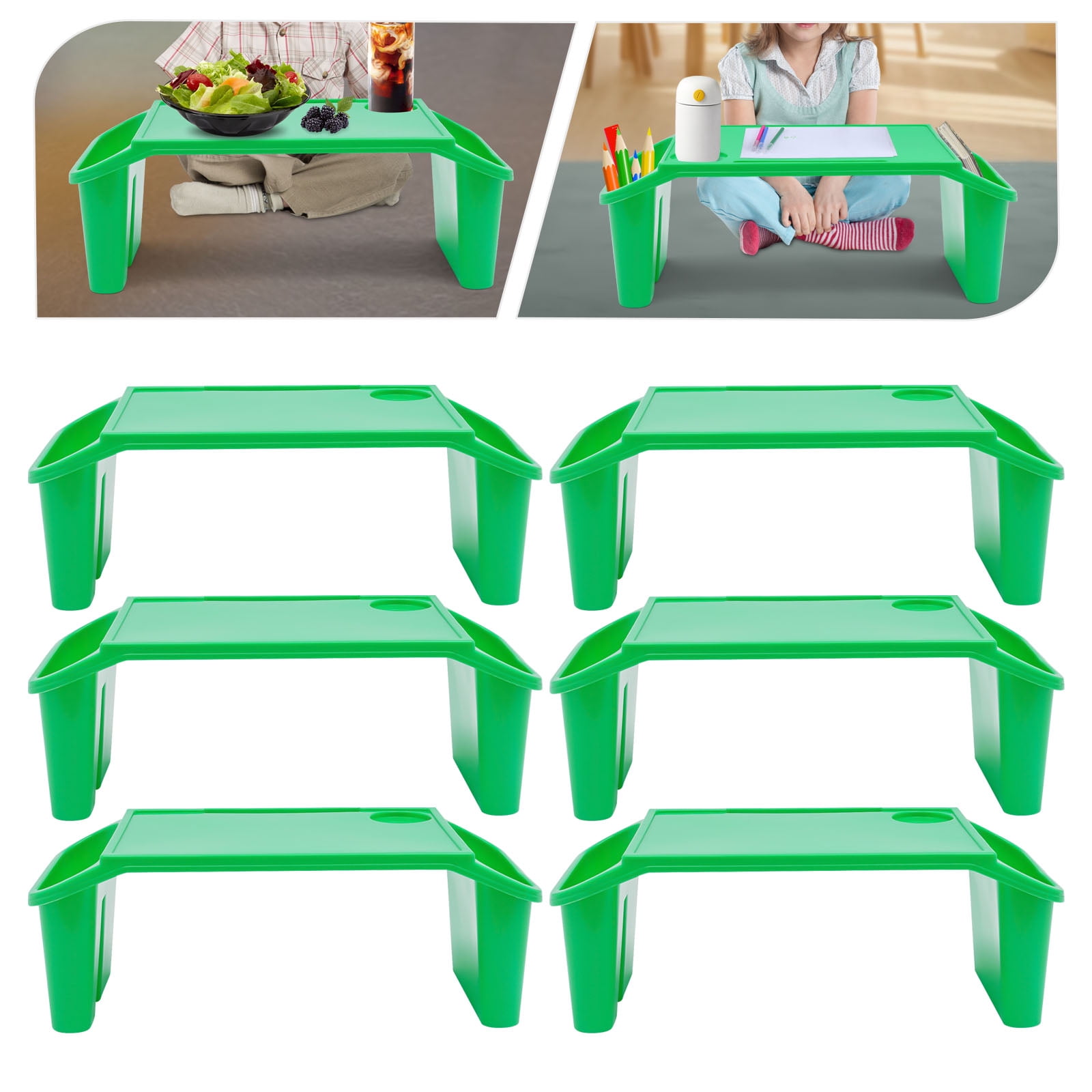 6 Pcs Green Color Kids Lap Desk Tray, Rectangle Shape Plastic Breakfast Laptop Trays with Side Pockets, Portable Lap Bed Table