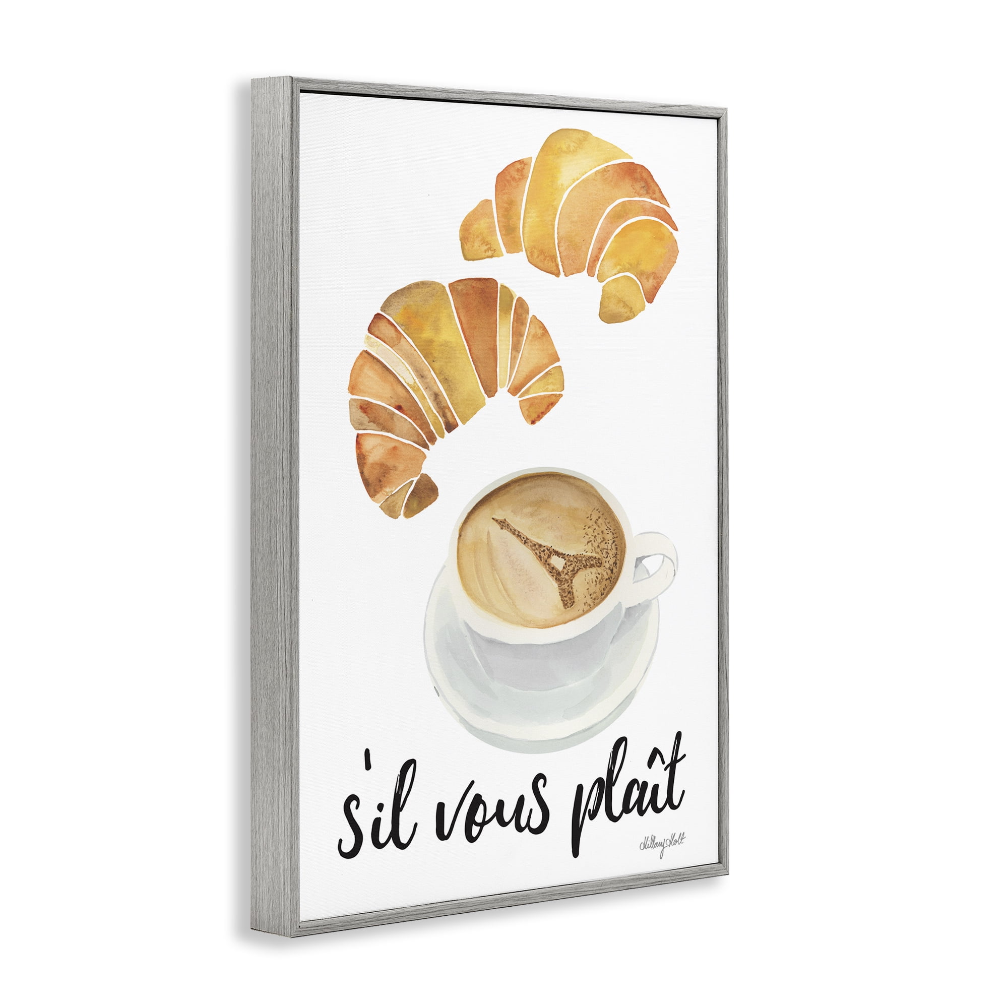 Stupell Industries Paris Croissant and Coffee Gray Framed Giclee Art, design by Hillary Holt