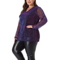 thumbnail image 4 of Agnes Orinda Women's Plus Size Rhinestone Glitter Bling Sheer Long Sleeve V Neck Blouse 4X Blue Purple, 4 of 6