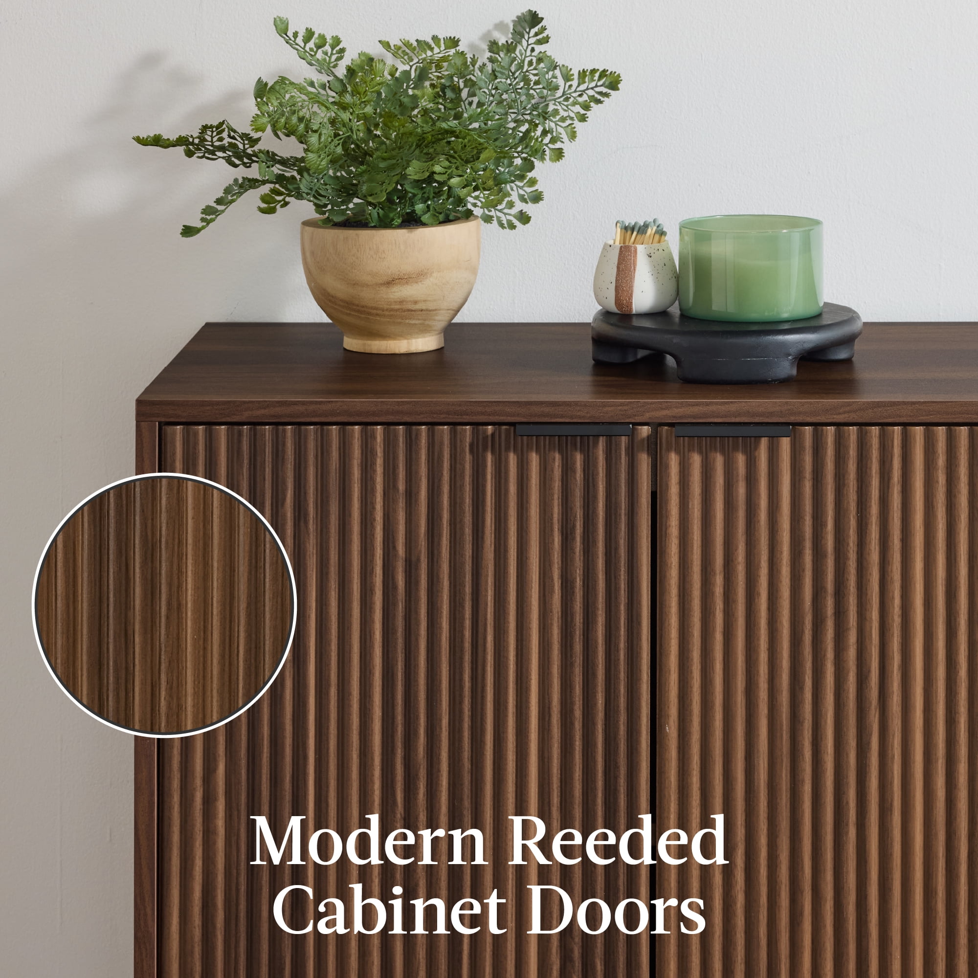 Best Choice Products 4-Door Reeded Storage Cabinet w/ Soft-Close Doors, Multipurpose Accent Furniture - Walnut
