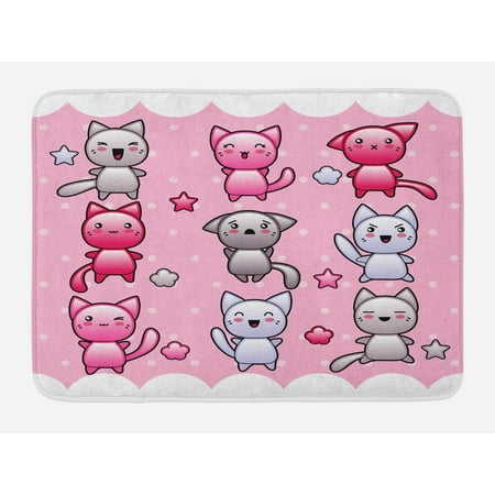 Anime Bath Mat, For Kids Cute Kitty Doodles with Emotions Funny Animal Theme Japanese Art Print, Non-Slip Plush Mat Bathroom Kitchen Laundry Room Decor, 29.5 X 17.5 Inches, Pink Blue Purple, (Best Anime Opening Themes)